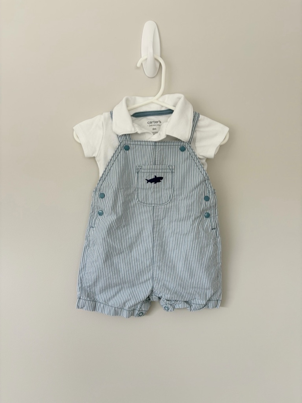 Carter's Light Blue Pinstripe Short Overalls Set